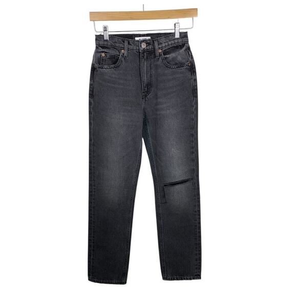 RE/DONE 70'S Straight Leg High Rise Jeans in Worn Black with Rips - Size 23 - Picture 2 of 8